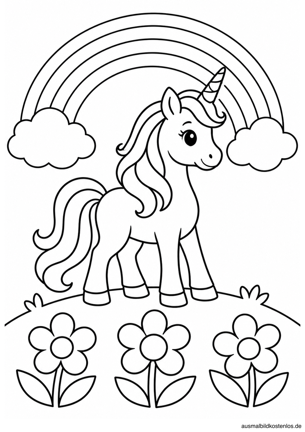 Einhorn auf einem Hügel unter einem Regenbogen, mit zwei Wolken und drei Blumen.