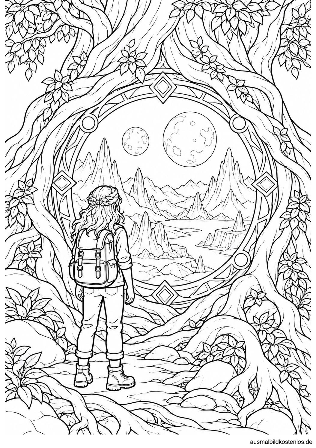 Kind mit Rucksack vor einem runden Waldportal mit Berglandschaft und zwei Monden dahinter.