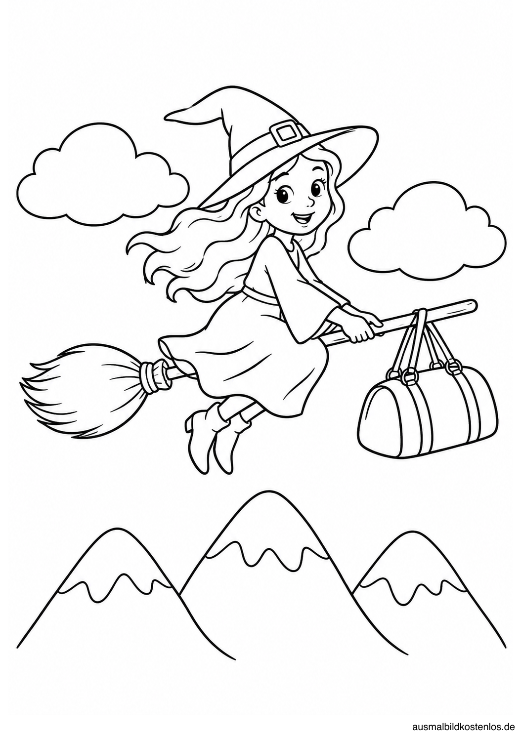 Freundliche Hexe auf einem Besen mit Reisetasche, zwei Wolken und drei Berggipfeln.
