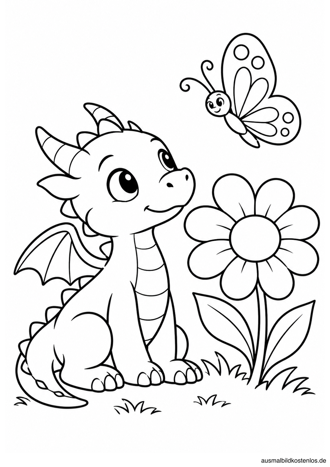 Sitzender kleiner Drache neben einer großen Blume, darüber ein Schmetterling.