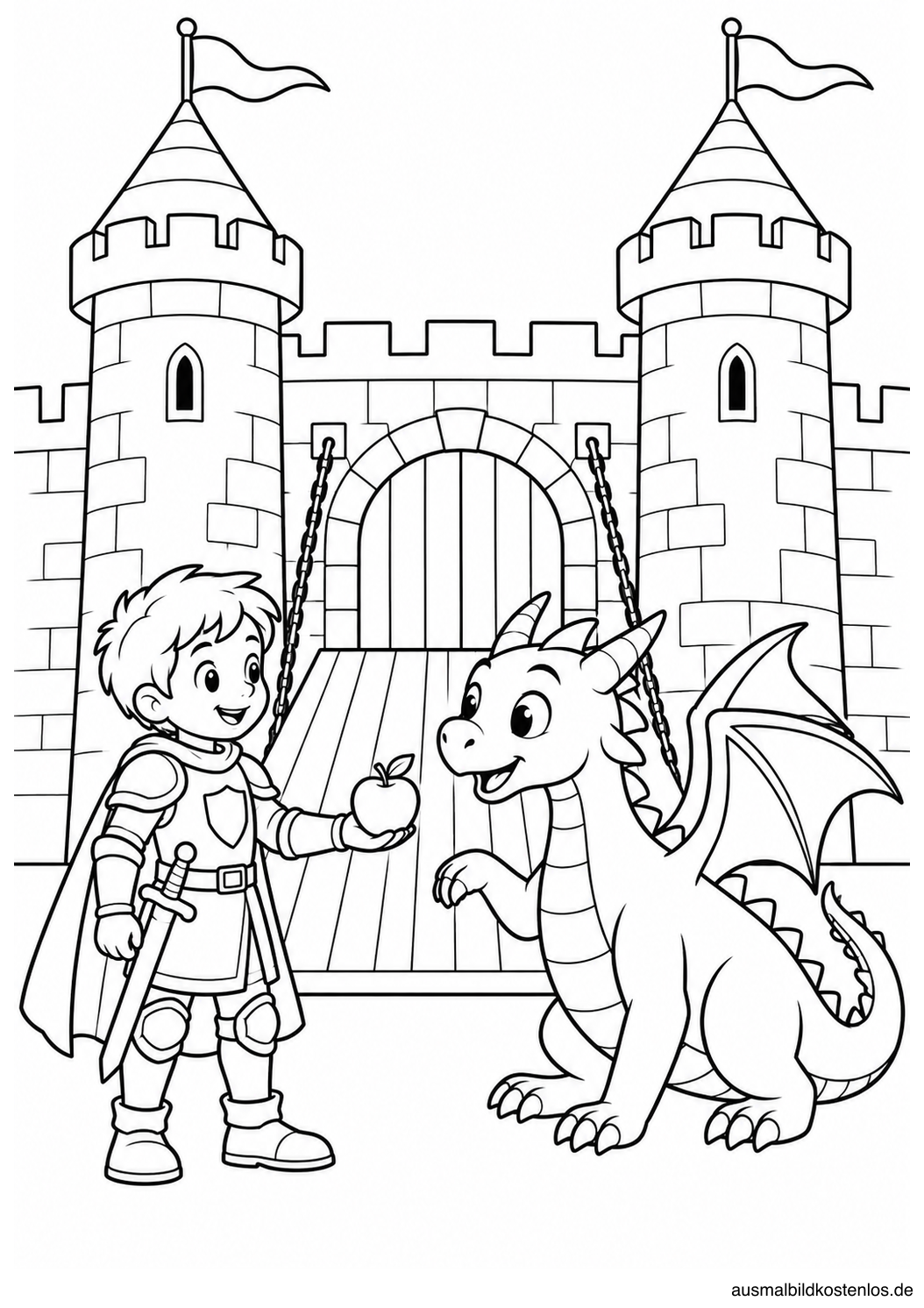 Ritter mit einem Apfel vor einem kleinen Drachen an der Zugbrücke einer Burg.