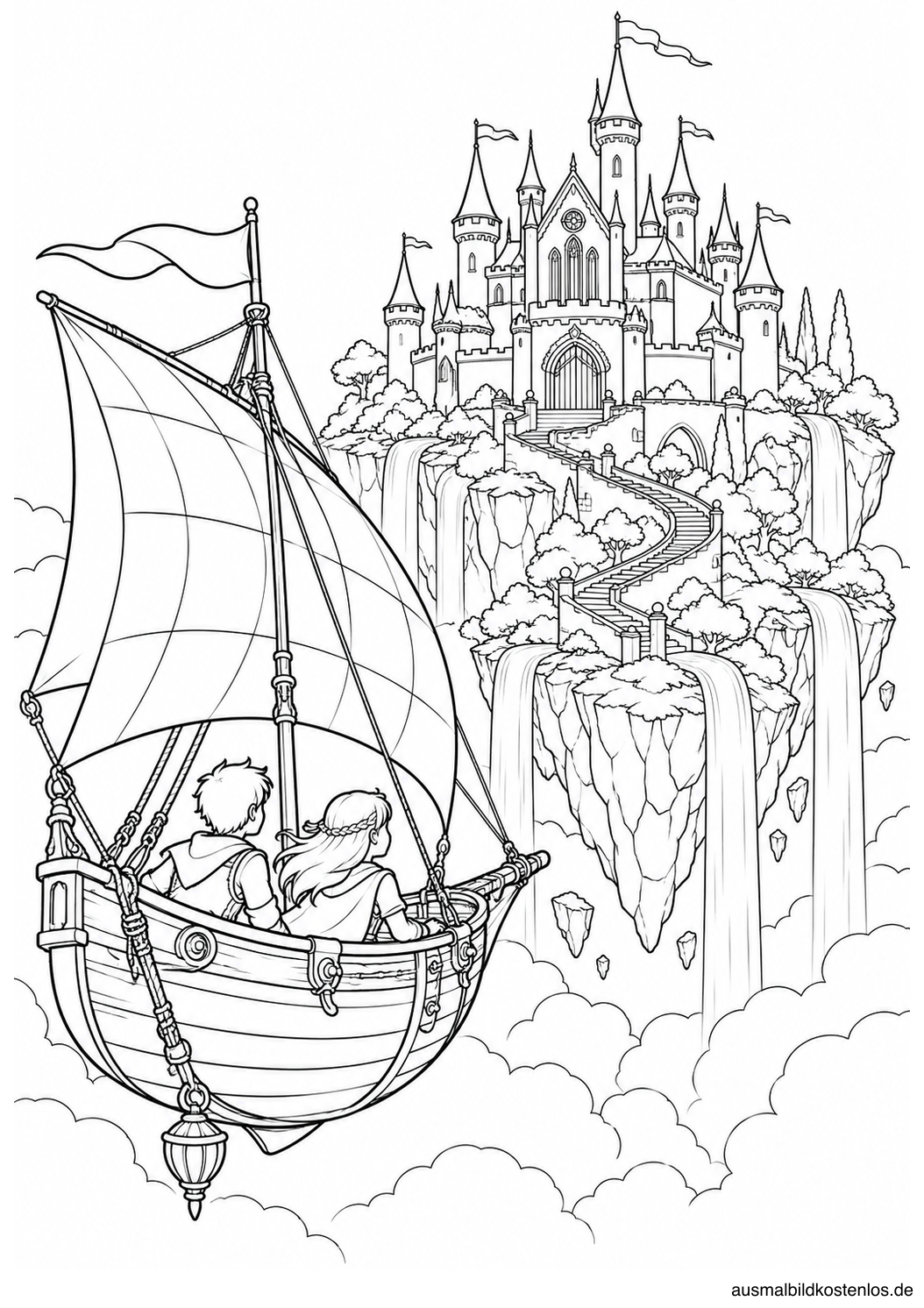 Zwei Kinder im fliegenden Segelschiff vor einer schwebenden Insel mit Schloss und Wasserfällen.