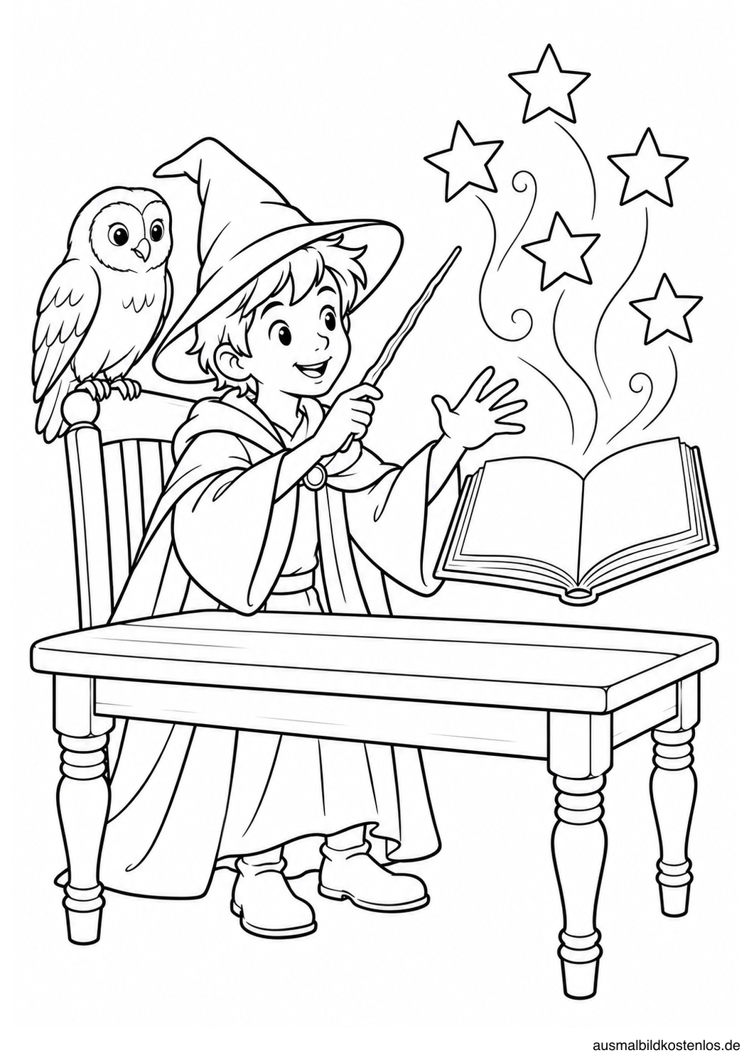Junger Zauberer mit Zauberstab, schwebendem Buch, fünf Sternen und einer Eule am Stuhl.