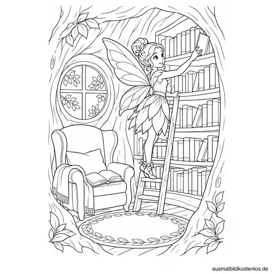 Bibliotheksfee auf einer Leiter vor einem gebogenen Bücherregal mit Lesesessel und offenem Buch im Baum.