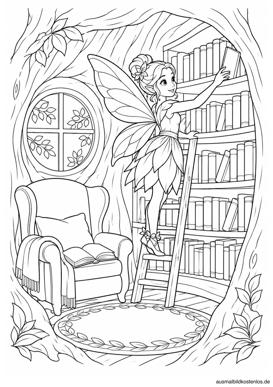 Bibliotheksfee auf einer Leiter vor einem gebogenen Bücherregal mit Lesesessel und offenem Buch im Baum.