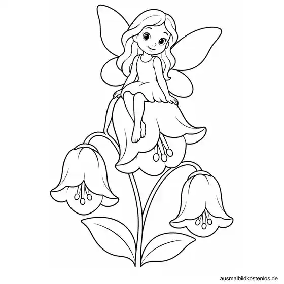 Blumenfee sitzt auf einer Glockenblume zwischen zwei weiteren Blüten und zwei großen Blättern.