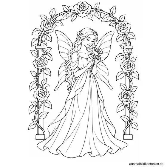 Stehende Rosenfee mit fließendem Kleid und einer Rose unter einem Bogen aus Rosen und großen Blättern.
