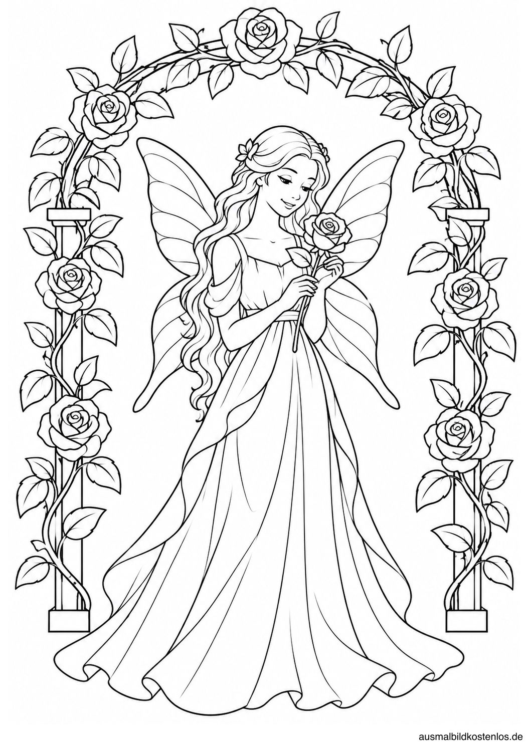 Stehende Rosenfee mit fließendem Kleid und einer Rose unter einem Bogen aus Rosen und großen Blättern.