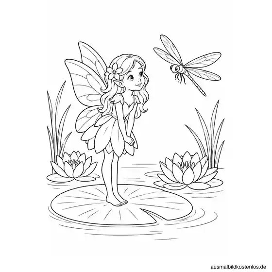 Teichfee auf einem großen Seerosenblatt mit einer Libelle, zwei Seerosen und Schilf am Wasser.