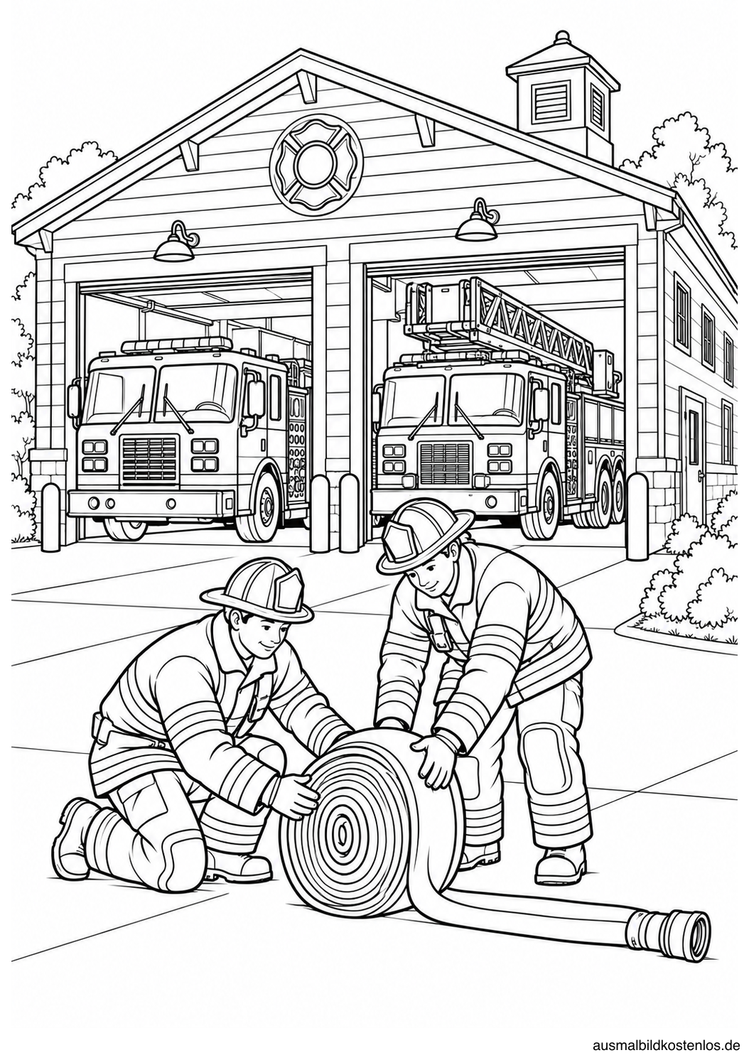 Feuerwache mit zwei offenen Toren, zwei Fahrzeugen und zwei Personen beim Aufrollen eines Schlauchs.