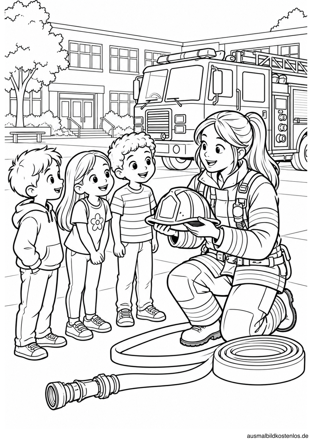 Eine Feuerwehrfrau zeigt drei Kindern auf dem Schulhof einen Helm; Schlauch und Fahrzeug sind daneben zu sehen.