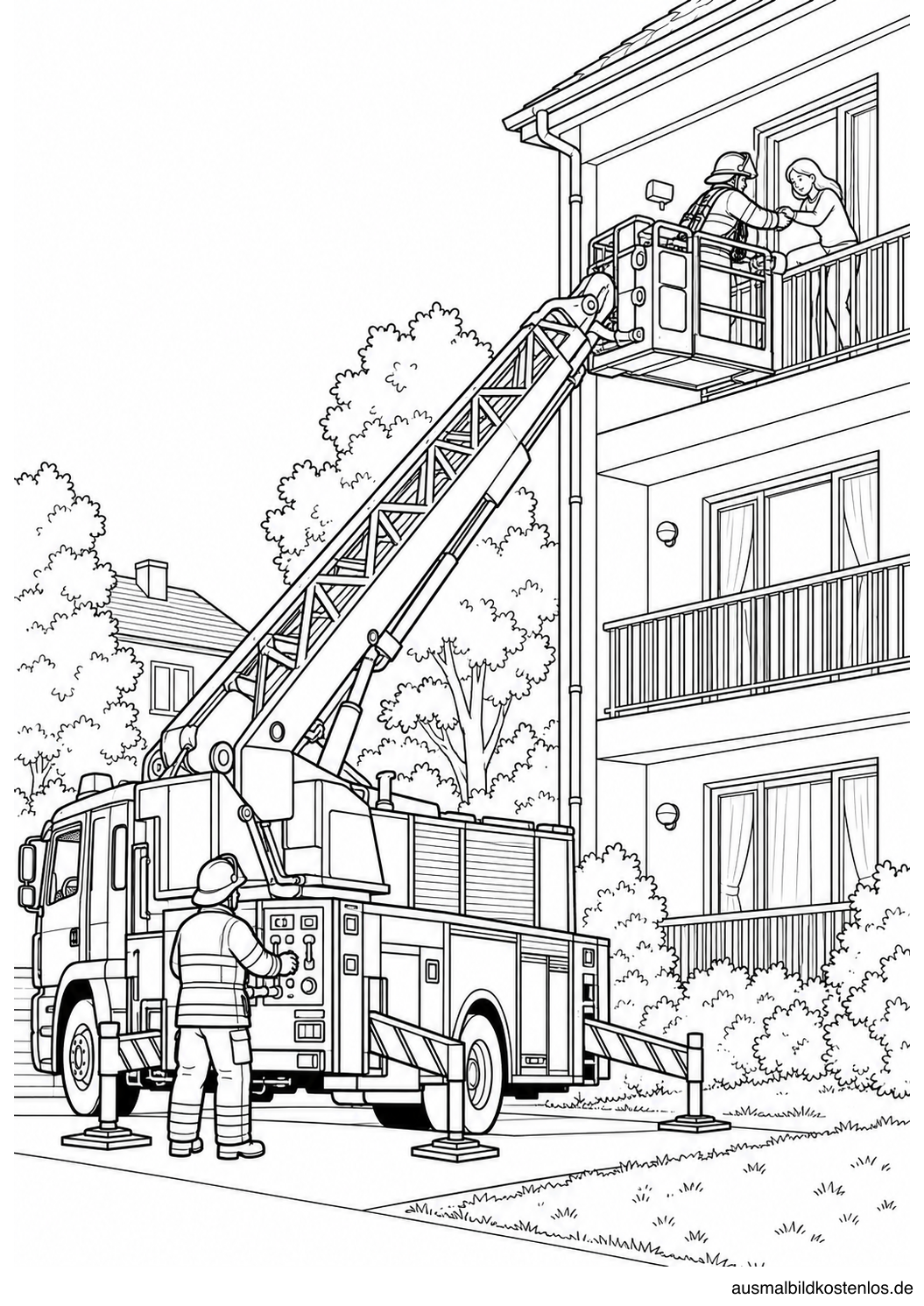 Drehleiter am dreistöckigen Haus: Oben hilft eine Feuerwehrkraft einer Person, unten wird die Steuerung bedient.