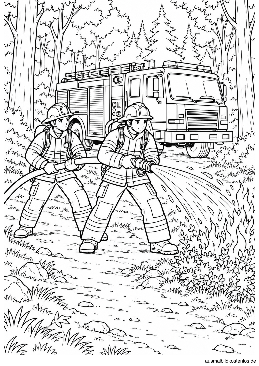 Zwei Feuerwehrkräfte löschen einen brennenden Busch am Waldweg, hinter ihnen steht ein Löschfahrzeug.