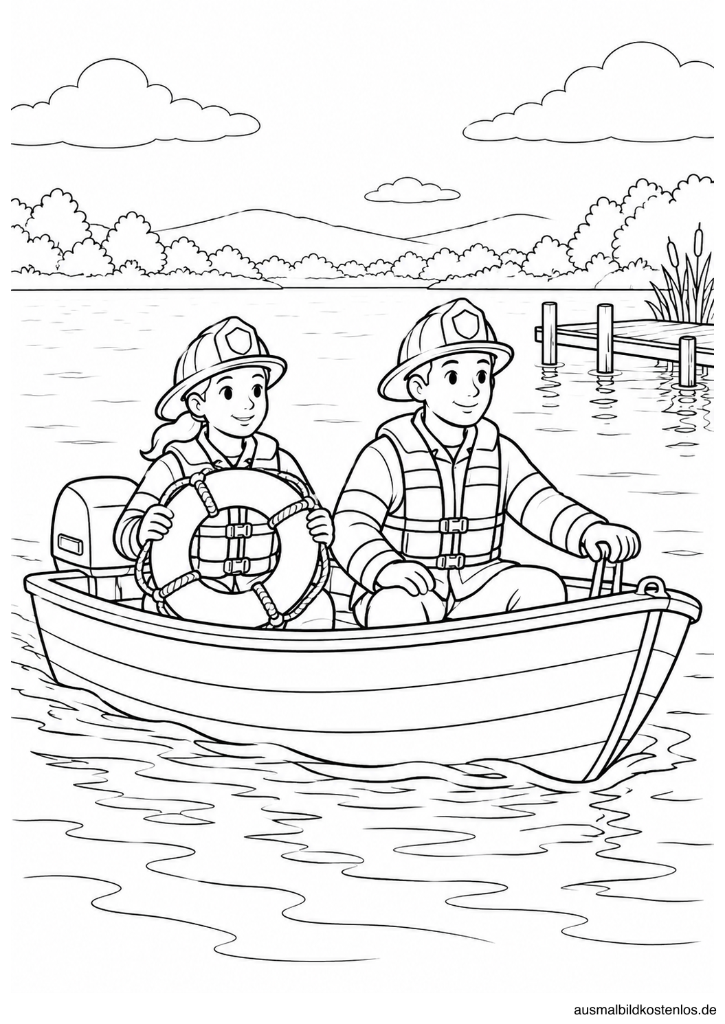 Zwei Feuerwehrkräfte in einem offenen Boot auf dem See; eine hält einen Rettungsring, am Ufer steht ein Steg.