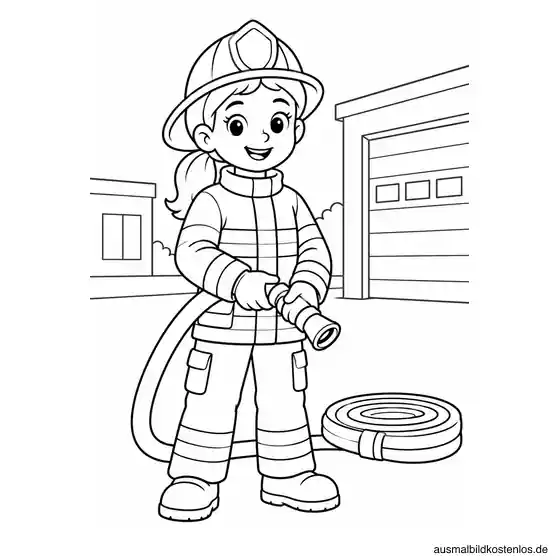 Feuerwehrfrau mit Helm und Schlauch
