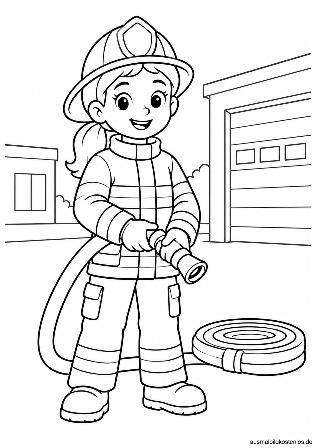 Stehende Feuerwehrfrau mit Helm und nach unten gehaltenem Strahlrohr neben einer Schlauchrolle.