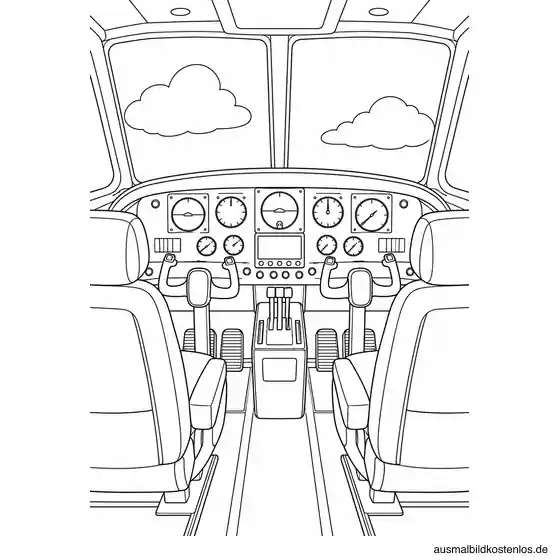 Blick zwischen zwei leeren Pilotensitzen auf Steuerhörner und Instrumente; zwei Wolken vor der Frontscheibe.