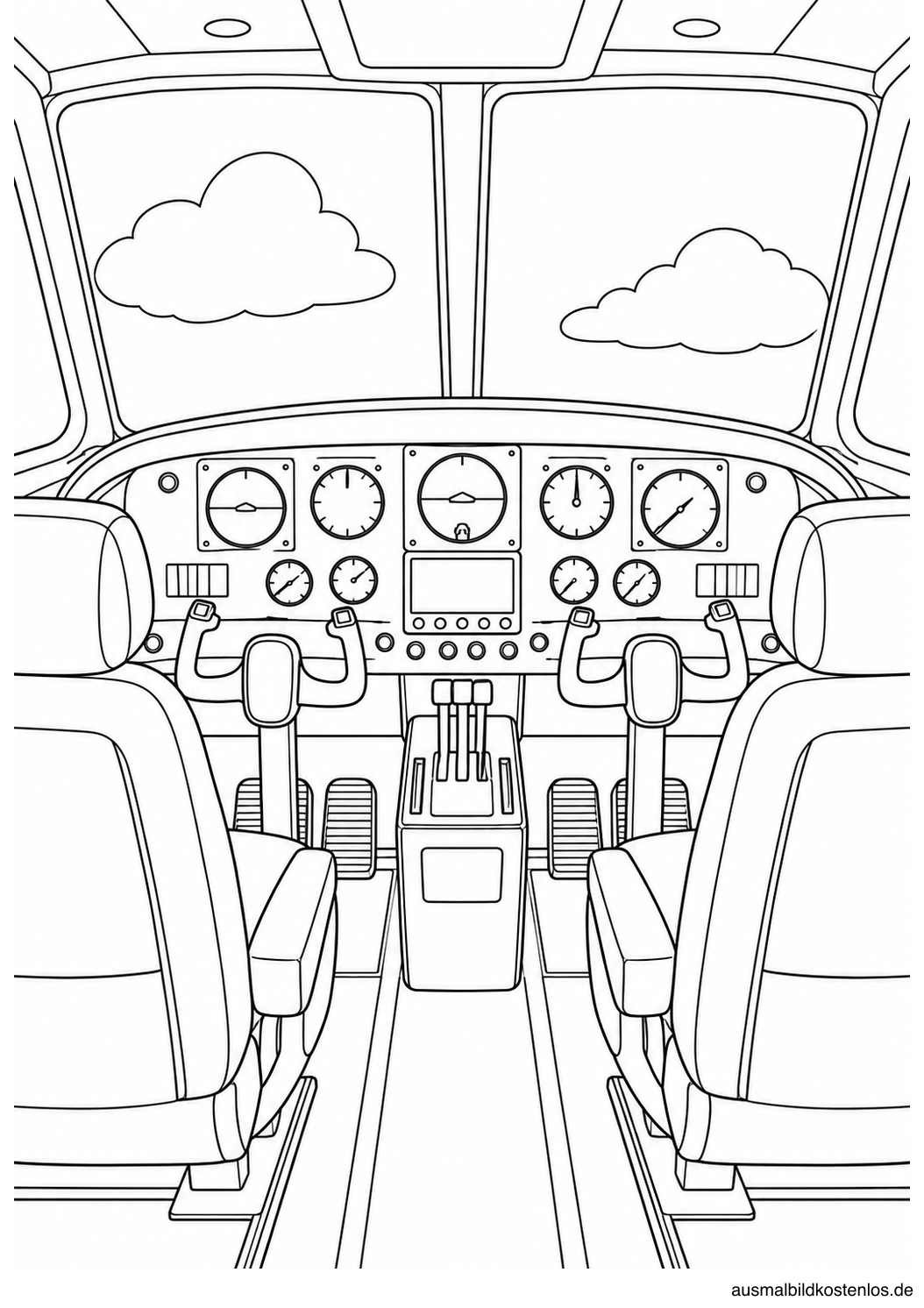 Blick zwischen zwei leeren Pilotensitzen auf Steuerhörner und Instrumente; zwei Wolken vor der Frontscheibe.
