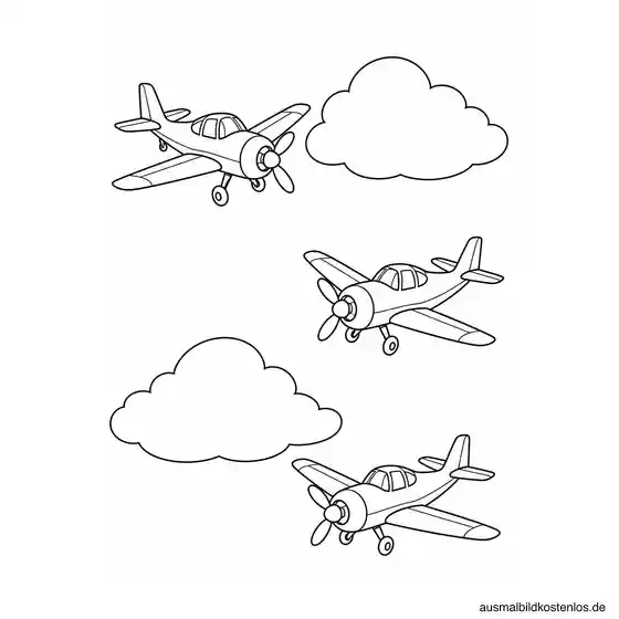 Drei vollständig sichtbare Propellerflugzeuge in versetzter Formation zwischen zwei großen Wolken.