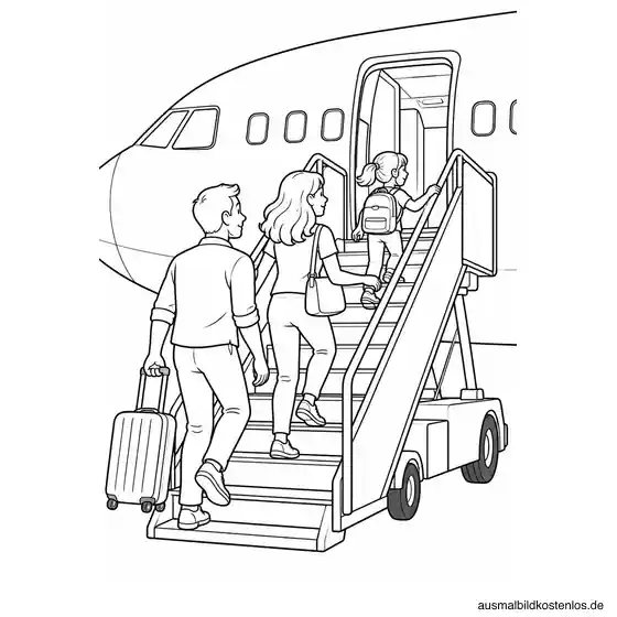 Zwei Eltern und ein Kind beim Einsteigen über eine mobile Flugzeugtreppe mit einem kleinen Koffer.