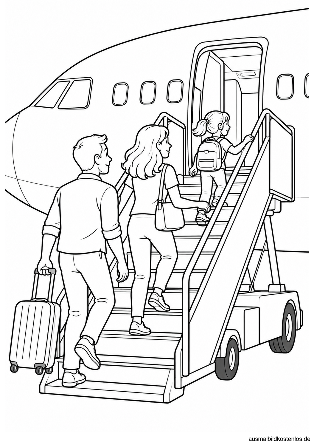 Zwei Eltern und ein Kind beim Einsteigen über eine mobile Flugzeugtreppe mit einem kleinen Koffer.