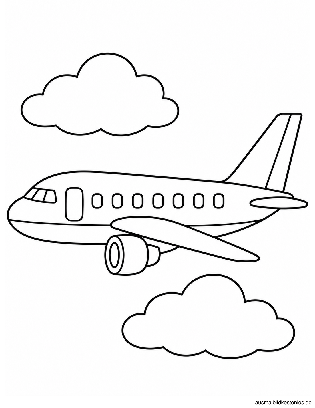 Passagierflugzeug in Seitenansicht zwischen zwei großen Wolken mit breiten schwarzen Konturen.