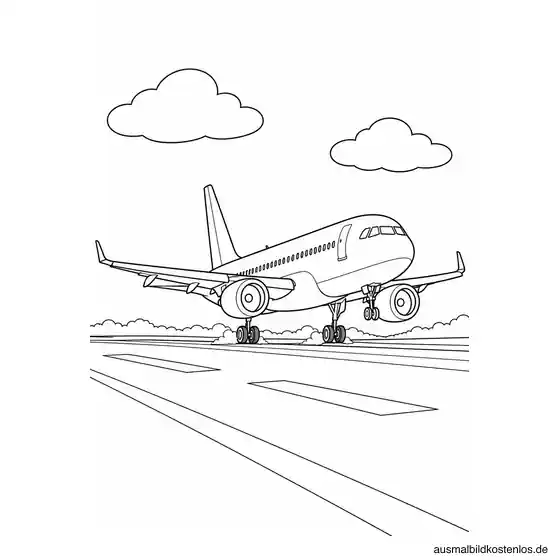 Passagierflugzeug in schräger Vorderansicht beim Aufsetzen auf der Landebahn unter zwei Wolken.