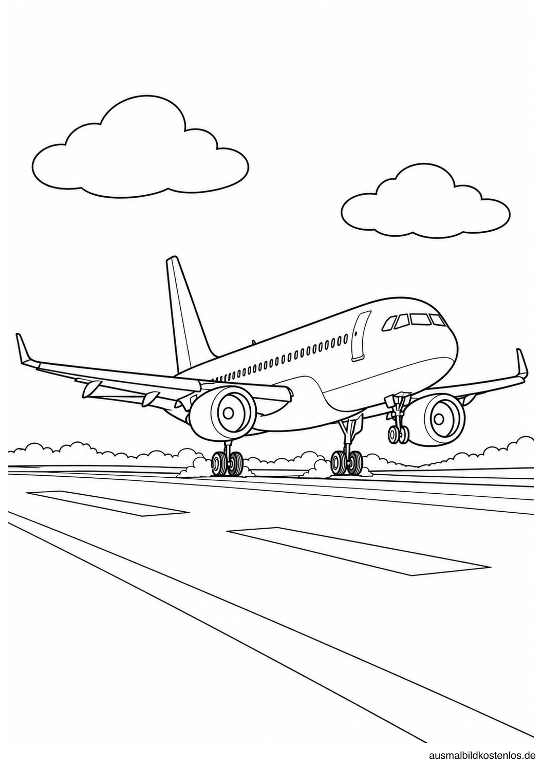 Passagierflugzeug in schräger Vorderansicht beim Aufsetzen auf der Landebahn unter zwei Wolken.