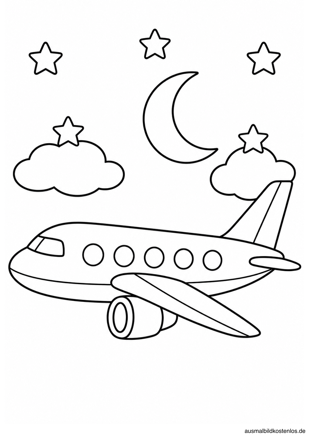 Einfaches Passagierflugzeug unter einer Mondsichel, fünf großen Sternen und zwei Wolken.