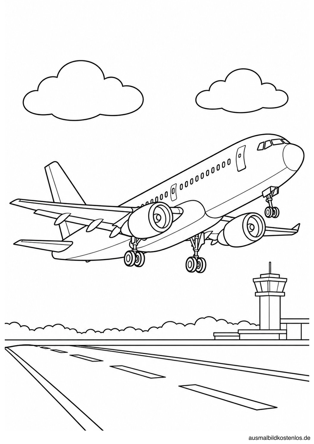 Startendes Passagierflugzeug mit ausgefahrenem Fahrwerk über einer Startbahn neben einem Kontrollturm.