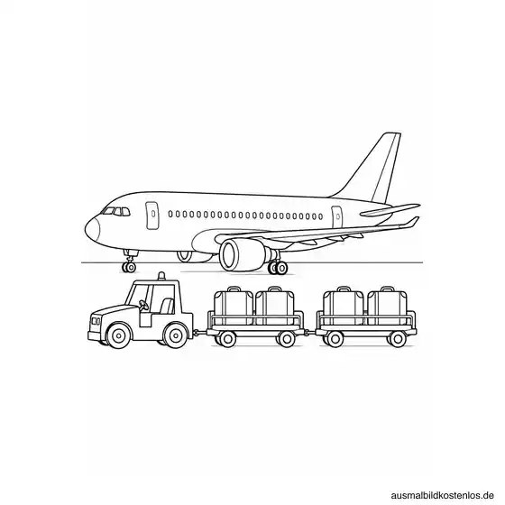 Passagierflugzeug neben einem Gepäckschlepper mit zwei Anhängern und vier großen Koffern.