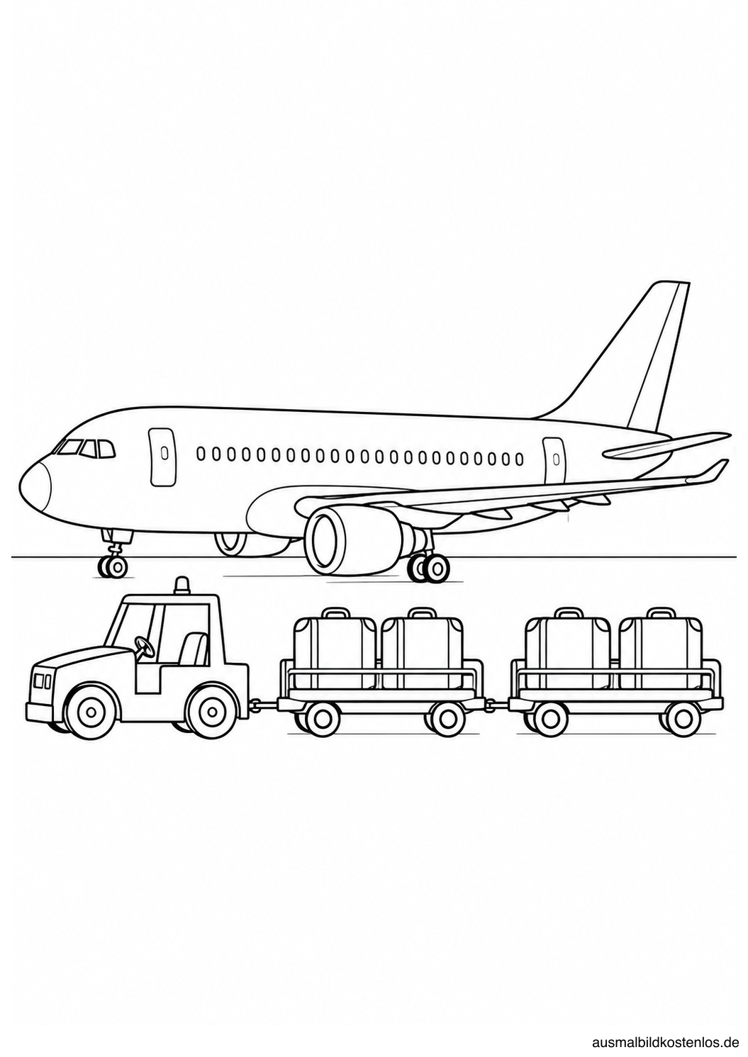 Passagierflugzeug neben einem Gepäckschlepper mit zwei Anhängern und vier großen Koffern.