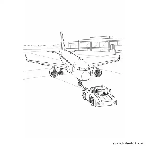 Passagierflugzeug mit Schlepper und sichtbarer Schleppstange am Bugfahrwerk vor einer Terminalfassade.