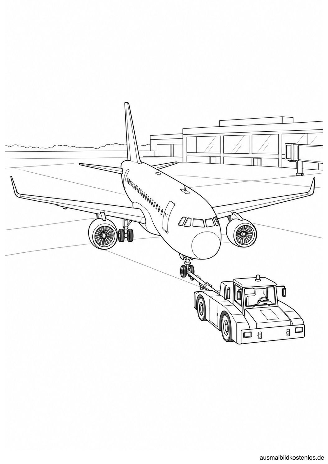 Passagierflugzeug mit Schlepper und sichtbarer Schleppstange am Bugfahrwerk vor einer Terminalfassade.