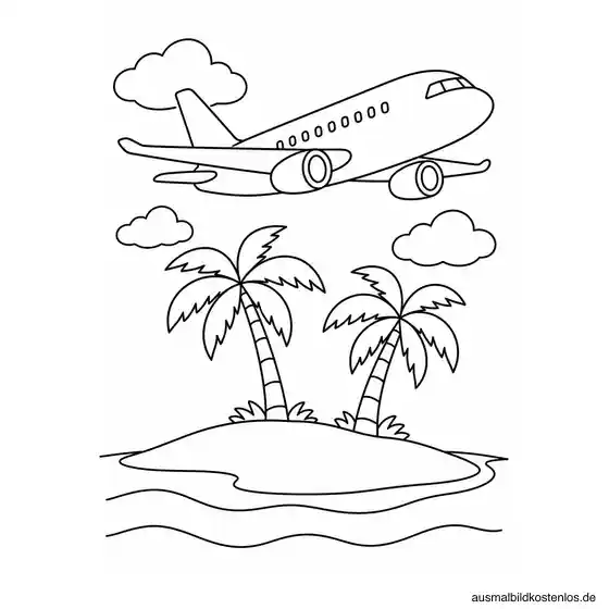 Einfaches Passagierflugzeug über einer kleinen Insel mit zwei Palmen, Sandstrand und wenigen Wellenlinien.