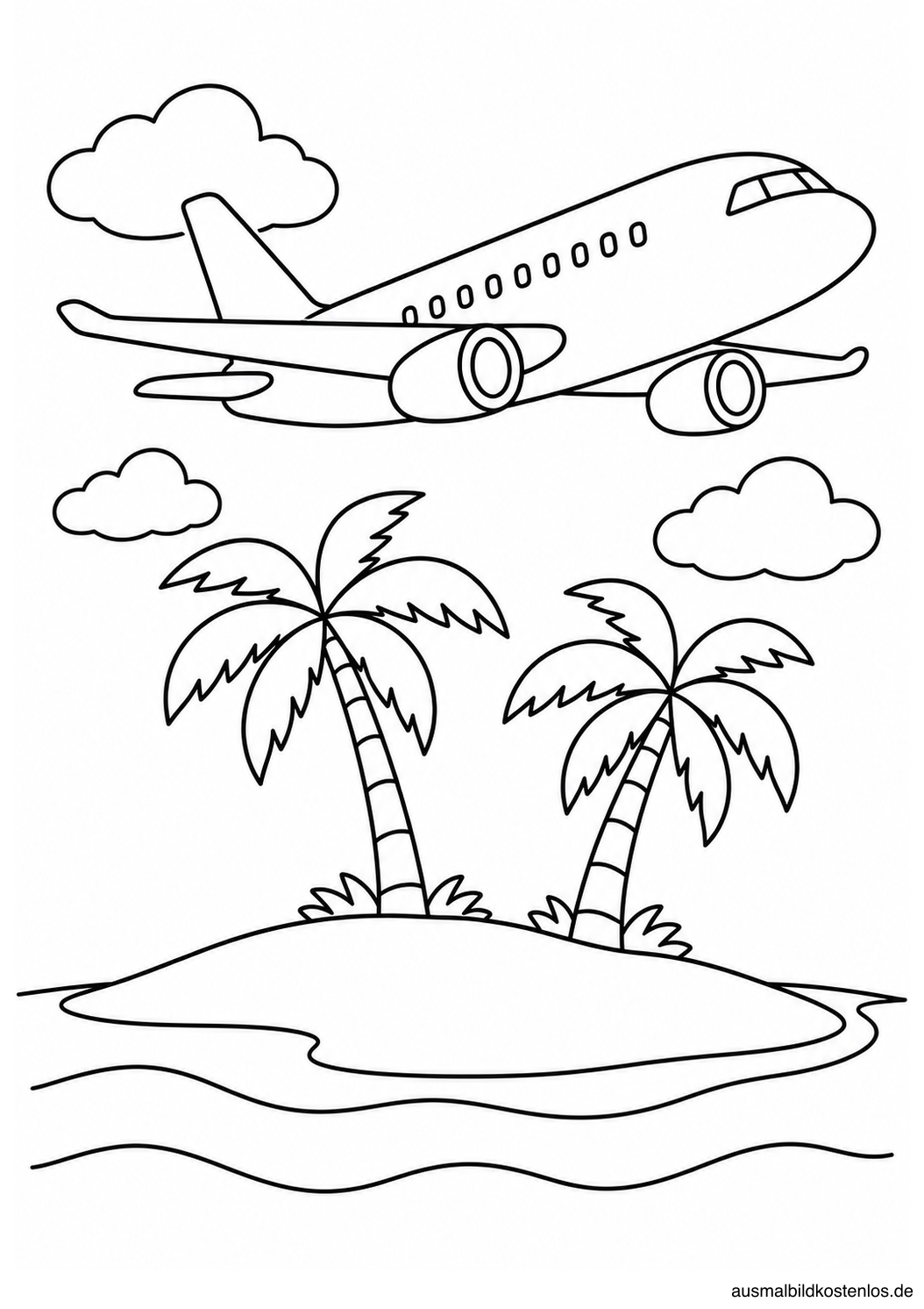 Einfaches Passagierflugzeug über einer kleinen Insel mit zwei Palmen, Sandstrand und wenigen Wellenlinien.
