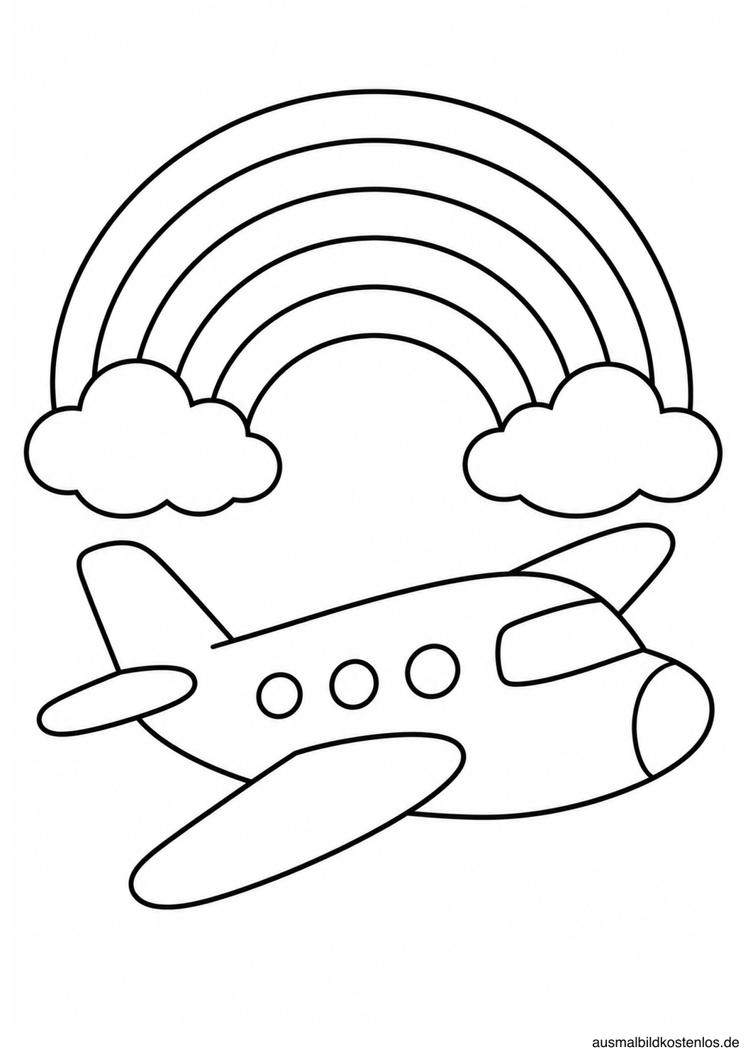 Kleines Flugzeug vor einem großen Regenbogen mit breiten geschlossenen Bändern und zwei runden Wolken.