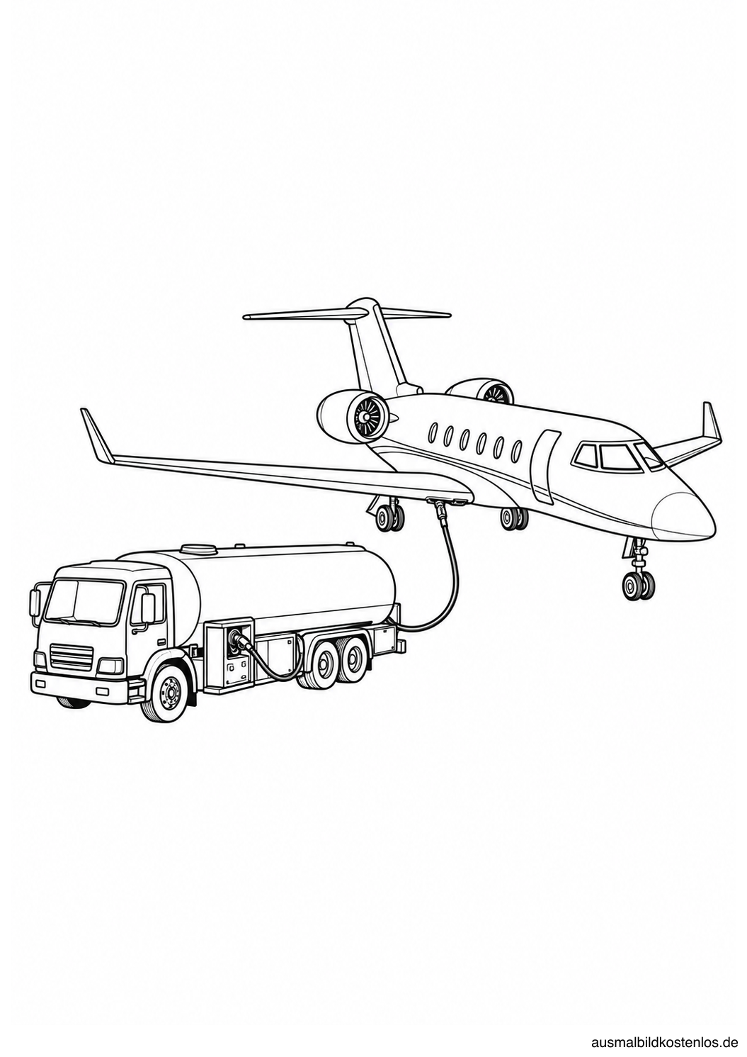 Tankwagen neben einem kleinen Geschäftsflugzeug mit einem sichtbaren Schlauch zum Flügel.