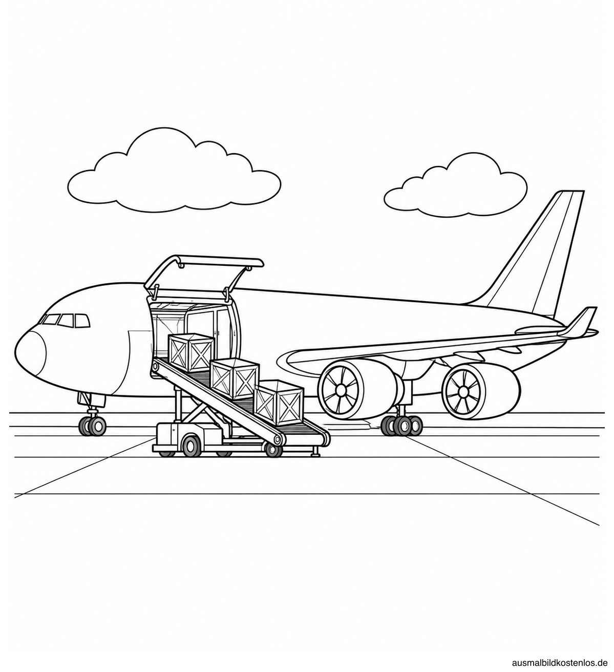 Frachtflugzeug mit offener seitlicher Ladeluke und Förderbandwagen mit drei großen Kisten.