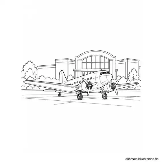 Historisches zweimotoriges Propellerflugzeug in Dreiviertelansicht vor einem schlichten Museumsgebäude.