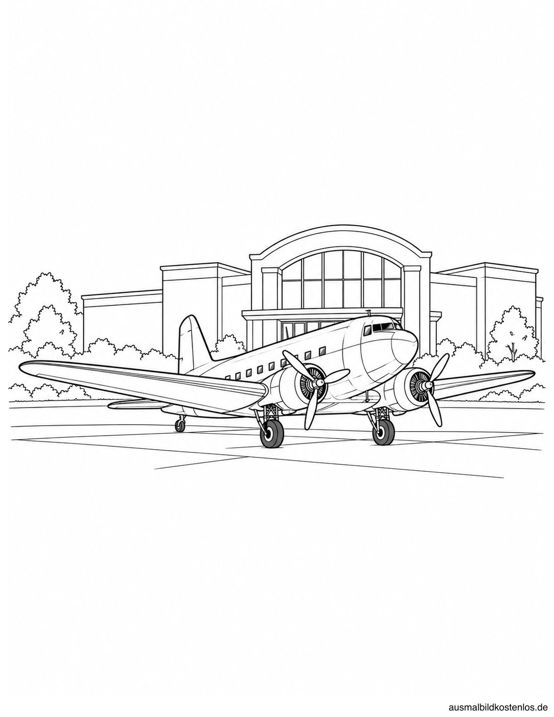 Historisches zweimotoriges Propellerflugzeug in Dreiviertelansicht vor einem schlichten Museumsgebäude.
