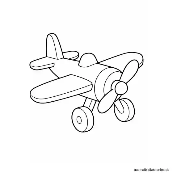Einzelnes Holzspielzeugflugzeug in schräger Vorderansicht mit rundem Propeller, zwei Rädern und breiten Flügeln.