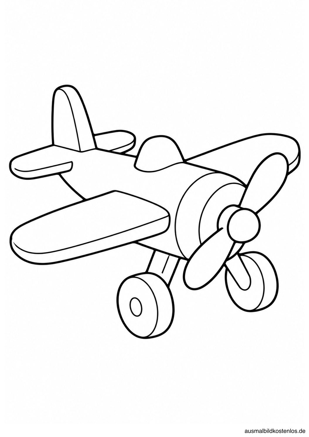 Einzelnes Holzspielzeugflugzeug in schräger Vorderansicht mit rundem Propeller, zwei Rädern und breiten Flügeln.
