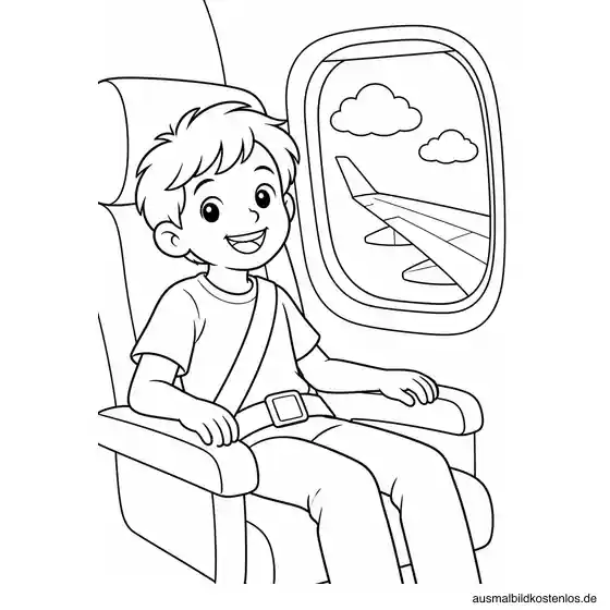 Lächelndes Kind mit geschlossenem Sicherheitsgurt neben einem Flugzeugfenster mit Flügel und zwei Wolken.