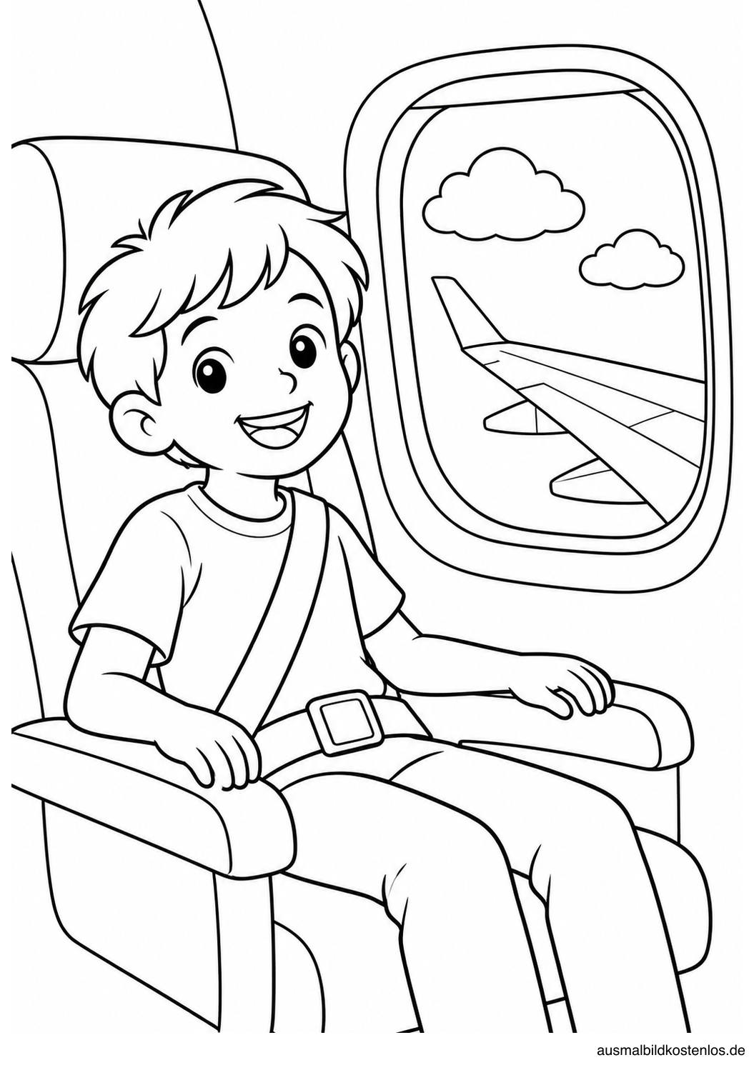 Lächelndes Kind mit geschlossenem Sicherheitsgurt neben einem Flugzeugfenster mit Flügel und zwei Wolken.