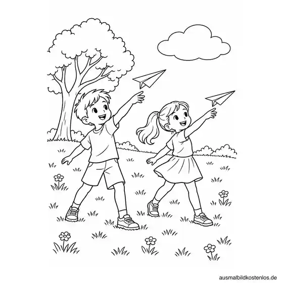 Zwei Kinder auf einer Wiese beim Werfen von je einem Papierflugzeug vor einem Baum und einer Wolke.