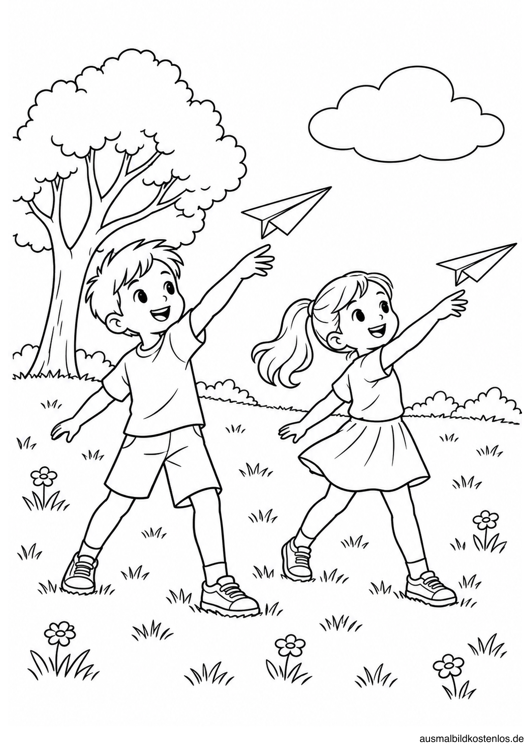 Zwei Kinder auf einer Wiese beim Werfen von je einem Papierflugzeug vor einem Baum und einer Wolke.