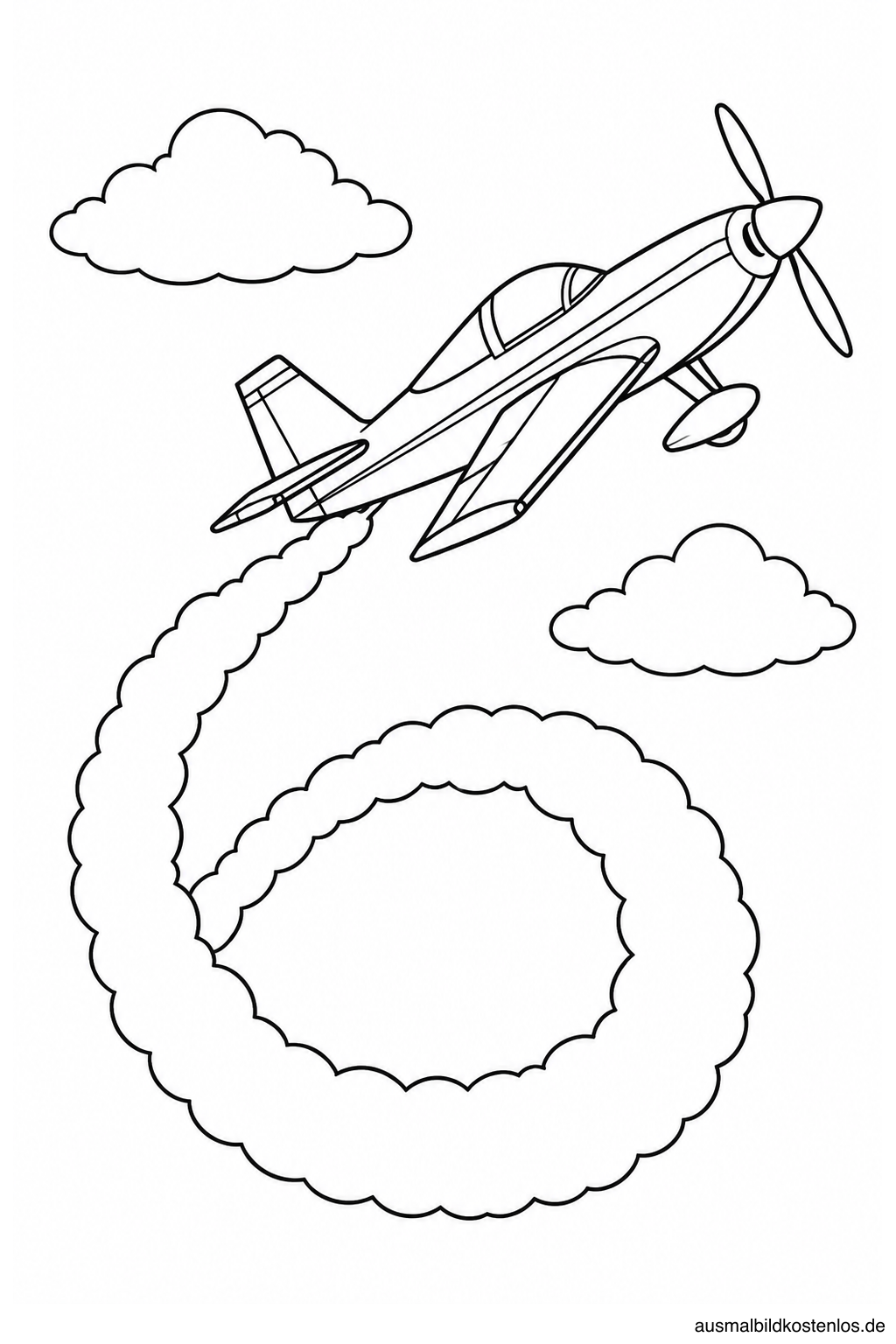 Schräg aufsteigendes Propeller-Kunstflugzeug mit einer großen Rauchschleife und zwei Wolken.