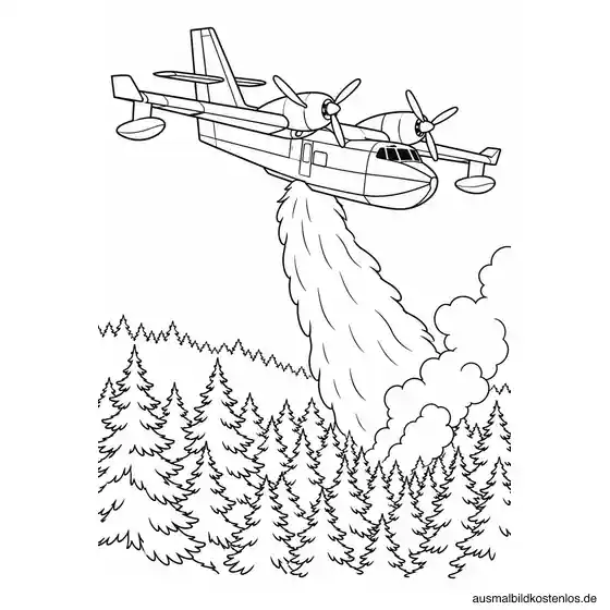 Zweimotoriges Löschflugzeug mit breiter Wasserfahne über einer Rauchstelle zwischen Nadelbäumen.