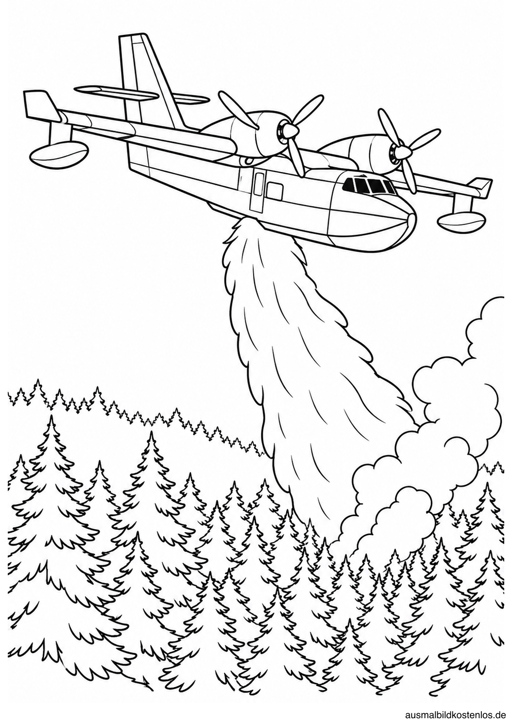 Zweimotoriges Löschflugzeug mit breiter Wasserfahne über einer Rauchstelle zwischen Nadelbäumen.